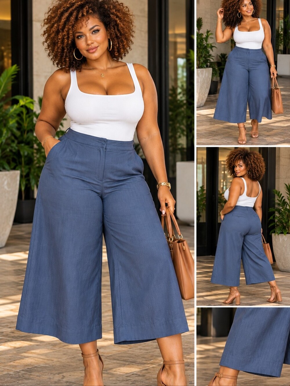 Kaari Blue Curvy Pants 24W NWT Blue Lyocell High Rise Wide Leg Cropped Culotte